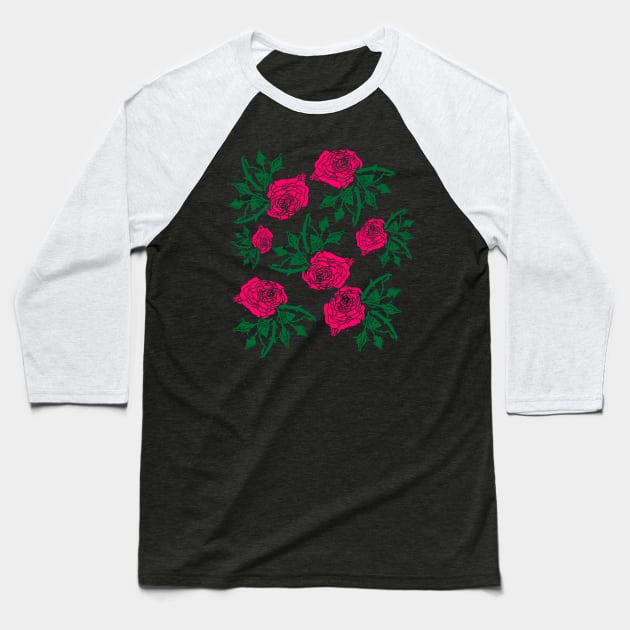 Rose Floral Line Art Pattern Baseball T-Shirt by Alex